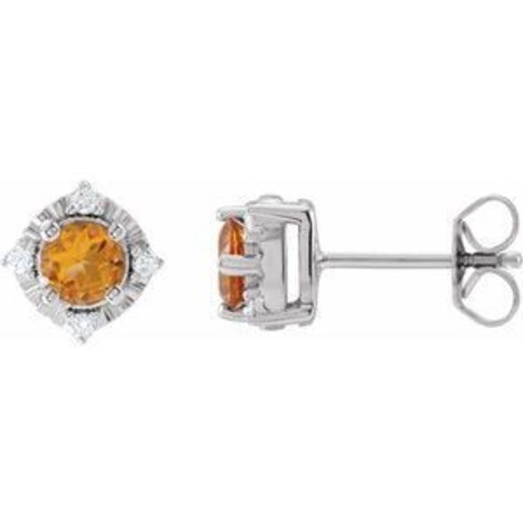 Sterling Silver Natural Citrine .08 CTW Natural Diamond Halo-Style Earrings
